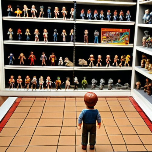 Home 4 **A vintage toy shop showcasing various figures from different eras. In the foreground, a child is playing with clay figures, while in the background, shelves are filled with plastic action figures from the 1980s and 3D-printed figures of modern video game characters. The scene should evoke nostalgia and the evolution of figure design.**
