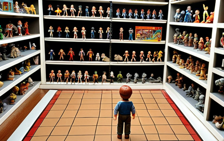 **A vintage toy shop showcasing various figures from different eras. In the foreground, a child is playing with clay figures, while in the background, shelves are filled with plastic action figures from the 1980s and 3D-printed figures of modern video game characters. The scene should evoke nostalgia and the evolution of figure design.**
