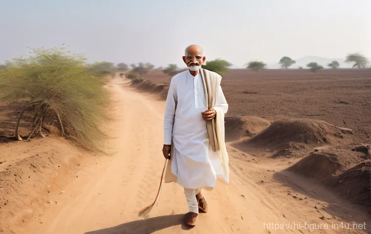 20세기 피규어 역사 - A serene, wide shot depicting an influential 20th-century leader, inspired by Mahatma Gandhi, dresse...