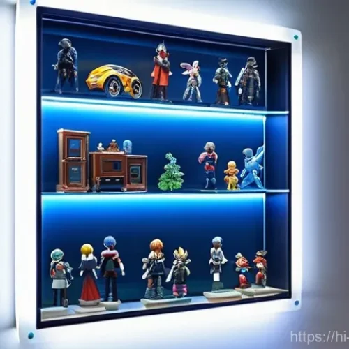 피규어 보존용 진열장 추천 - A sleek, modern wall-mounted acrylic display case, designed for space-saving elegance, is filled wit...