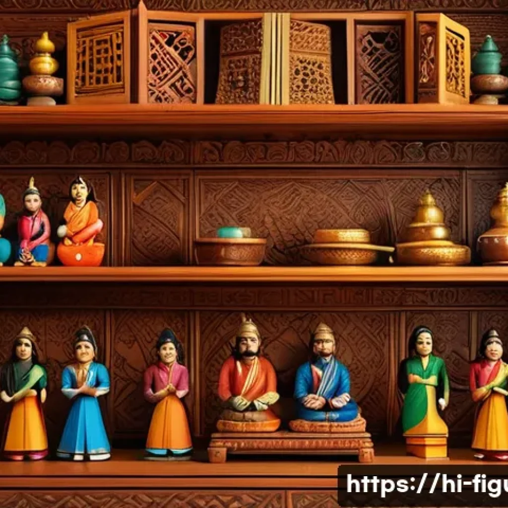 피규어와 레고의 차이점 - A detailed scene of a neatly arranged shelf in a cozy, warmly lit room, displaying a diverse collect...