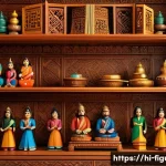 Home 22 피규어와 레고의 차이점 - A detailed scene of a neatly arranged shelf in a cozy, warmly lit room, displaying a diverse collect...