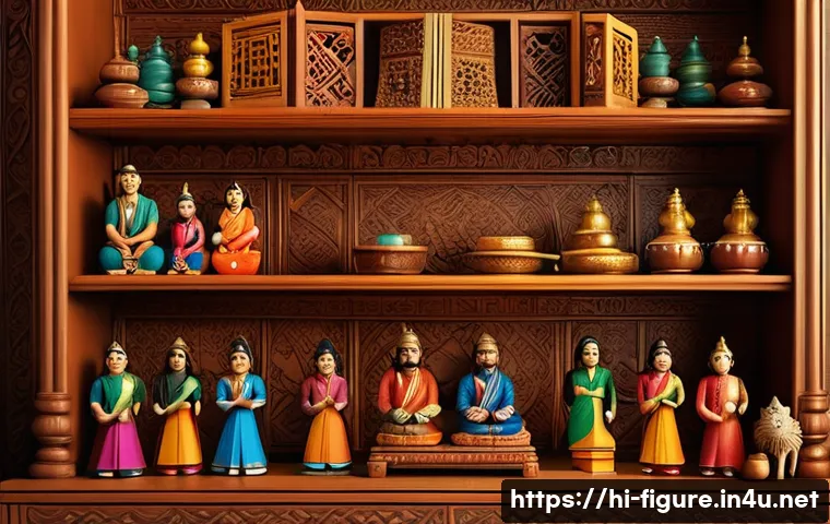 피규어와 레고의 차이점 - A detailed scene of a neatly arranged shelf in a cozy, warmly lit room, displaying a diverse collect...