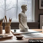 Home 21 피규어 제작 과정 소개 - A detailed artist’s workspace showcasing the figure sculpting process, featuring a precise pencil sk...