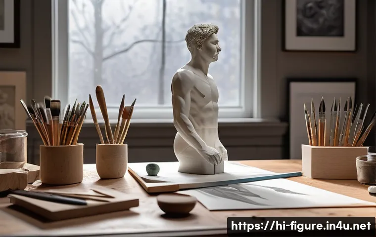 피규어 제작 과정 소개 - A detailed artist’s workspace showcasing the figure sculpting process, featuring a precise pencil sk...