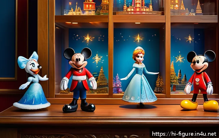디즈니 캐릭터 피규어 추천 - A vibrant collection display featuring classic Disney figures such as Mickey Mouse and Minnie Mouse ...