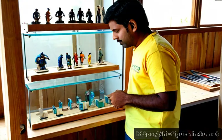 Home 17 피규어 수납용 진열대 제작법 - Photorealistic step-by-step home workshop scene showing an Indian adult assembling a clear acrylic d...
