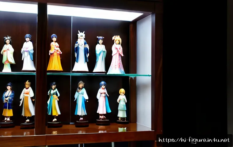 일본 피규어 브랜드 추천 - Photorealistic collector’s display shelf featuring several high-quality Japanese-style anime figurin...